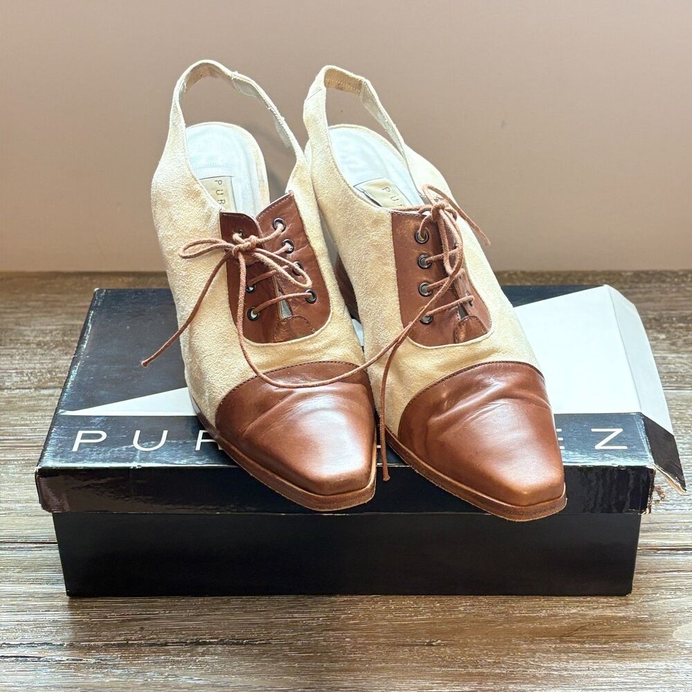Pura Lopez Oxford Shoes Womens 40 EU 9.5/10 US Brown Cream Leather Suede Twee